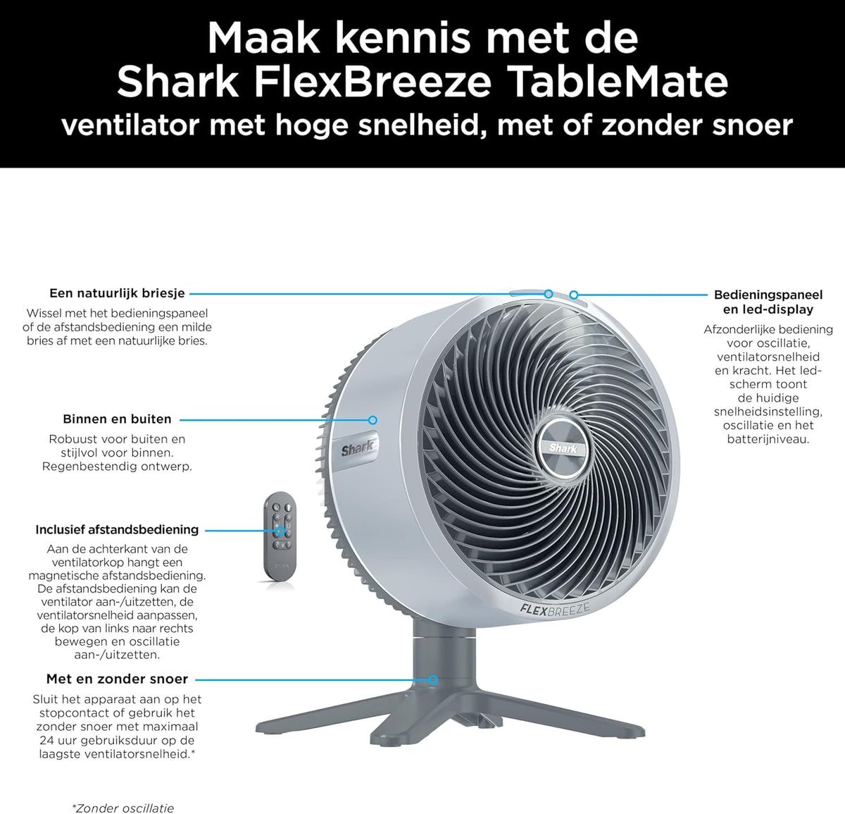 Shark FlexBreeze TableMate Snoerloze Ventilator Binnen & Buiten, Tot 24 Uur Gebruikstijd, Hoge Snelheid Koeling, 20 m Bereik, Stil & Duurzaam, 5 Snelheden, Oscillatie, Afstandsb., Wintermist FA150EU
