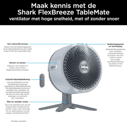 Shark FlexBreeze TableMate Snoerloze Ventilator Binnen & Buiten, Tot 24 Uur Gebruikstijd, Hoge Snelheid Koeling, 20 m Bereik, Stil & Duurzaam, 5 Snelheden, Oscillatie, Afstandsb., Wintermist FA150EU