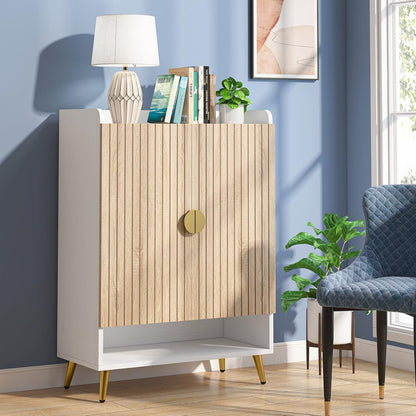 Tribesigns Shoe Cabinet with Doors, 7 Tier Shoe Storage Cabinet with Adjustable Shelves, Wooden Shoe Rack, Shoe Storage for Entrance, Hallway, Closet, Living Room, Wood and Gold