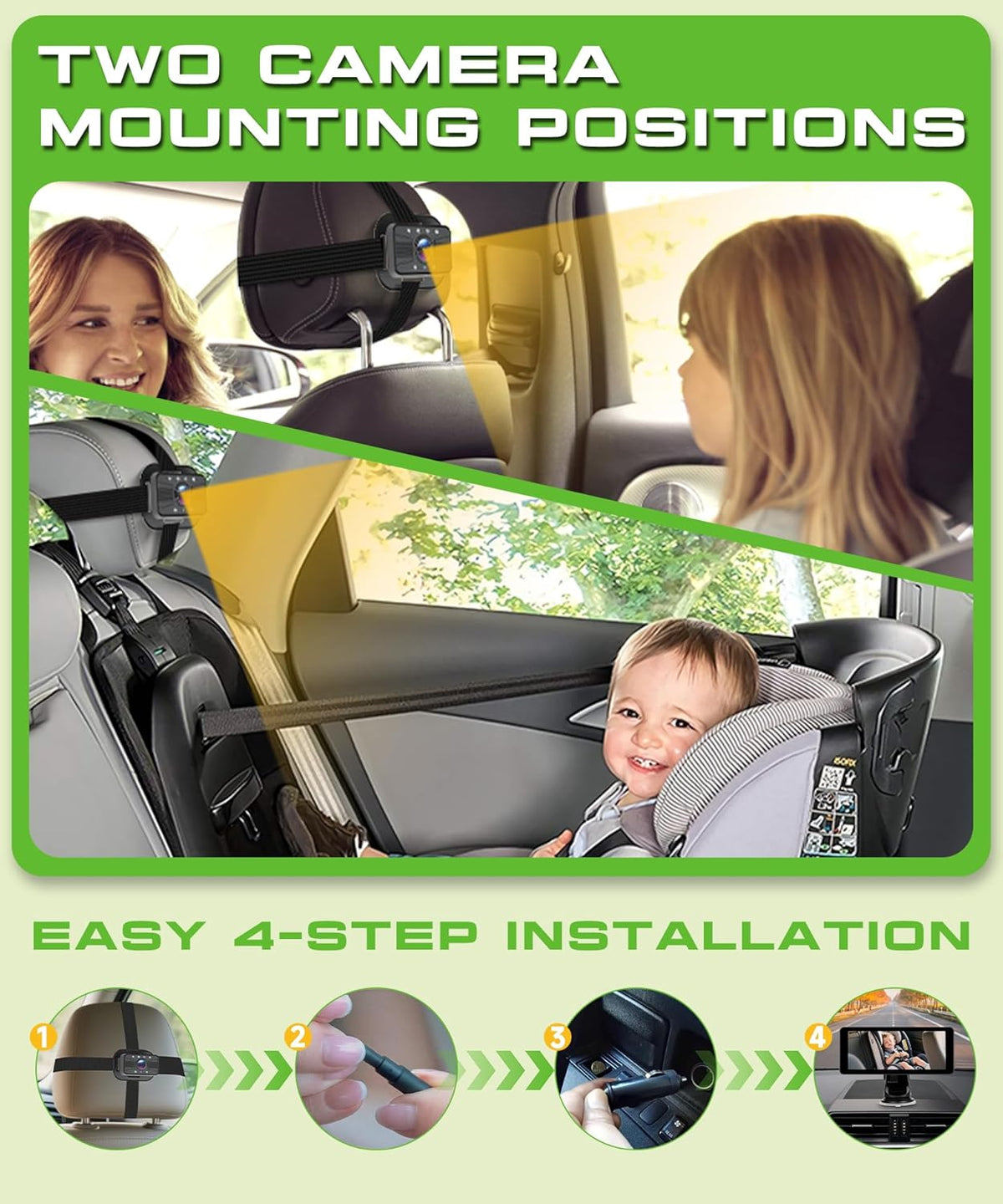 Dual Baby Car Camera for 2 Children with 6.86 Inch Split Screen HD 720P with Carplay Android Car, 360° Rotatable Night Vision, Safety Car Seat Mirror Camera, Suction Cup Holder, 64G SD - QUORE