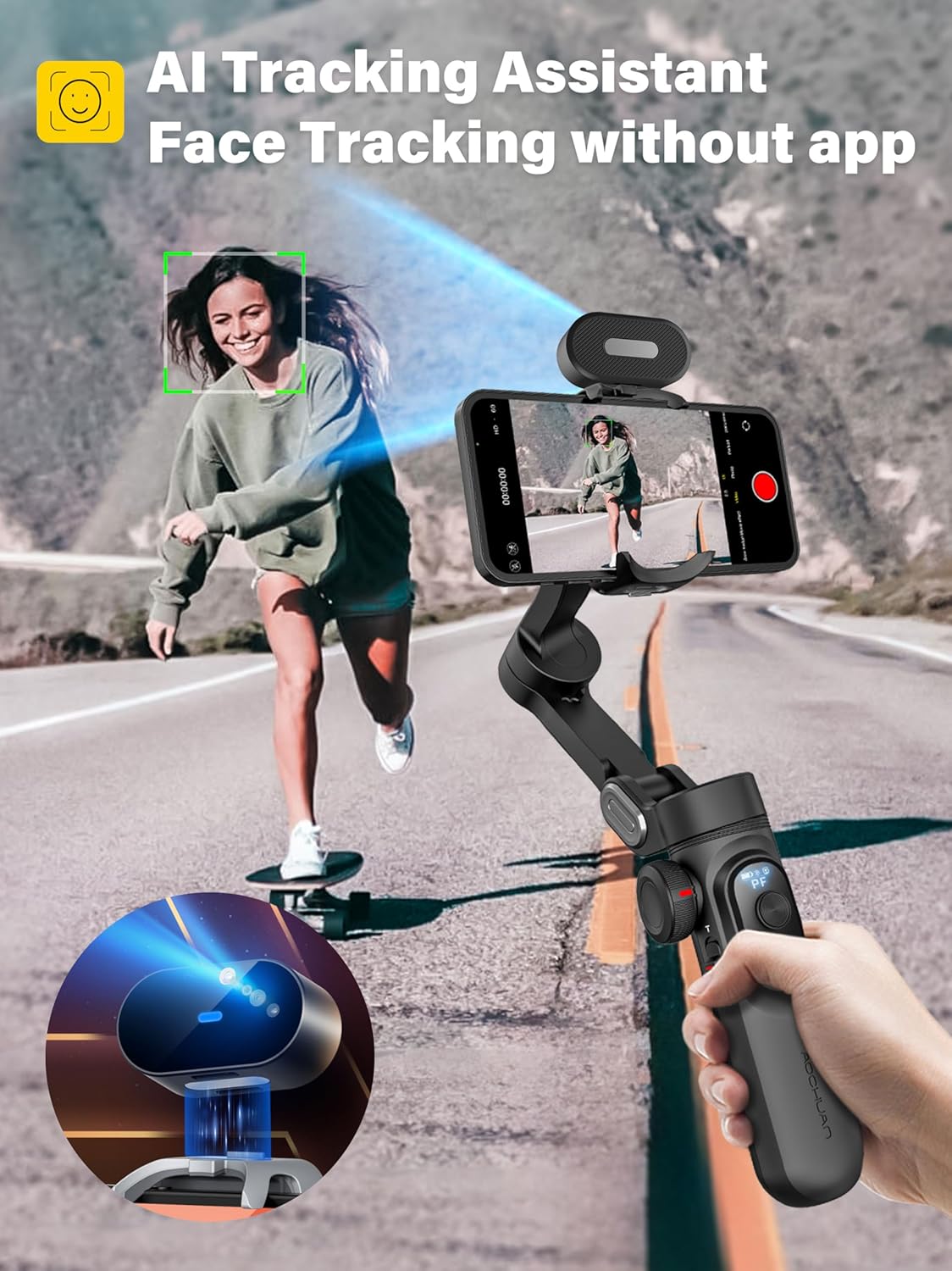 Smartphone Gimbal Stabilizer, 3-assige stabilisator voor iPhone & Android, AI Tracking Sensor (geen App), Telefoon Gimbal w/OLED-scherm/Ingebouwd Licht, AOCHUAN X Pro AI-versie