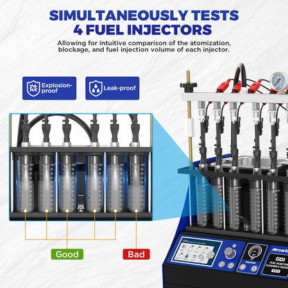 Mr Cartool Ultrasone Inspuitmondreiniger en Tester met 6 Cilinders voor GDI EFI FSI Inspuitmond Auto Brandstof Inspuitmondreiniger Tester voor Voertuigen Motorfiets Brandstof Reinigingsgereedschap