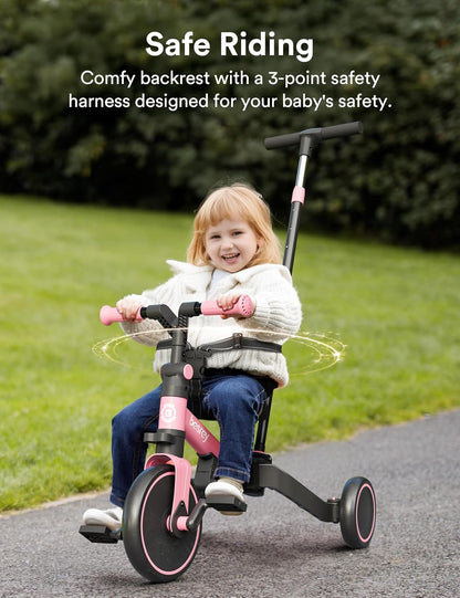 besrey Kinderfiets met oudergestuurde duwstang voor meisjes en jongens van 1-3 jaar, opvouwbare kinderdriewieler, driewieler met afneembare pedalen, in hoogte verstelbare zitting