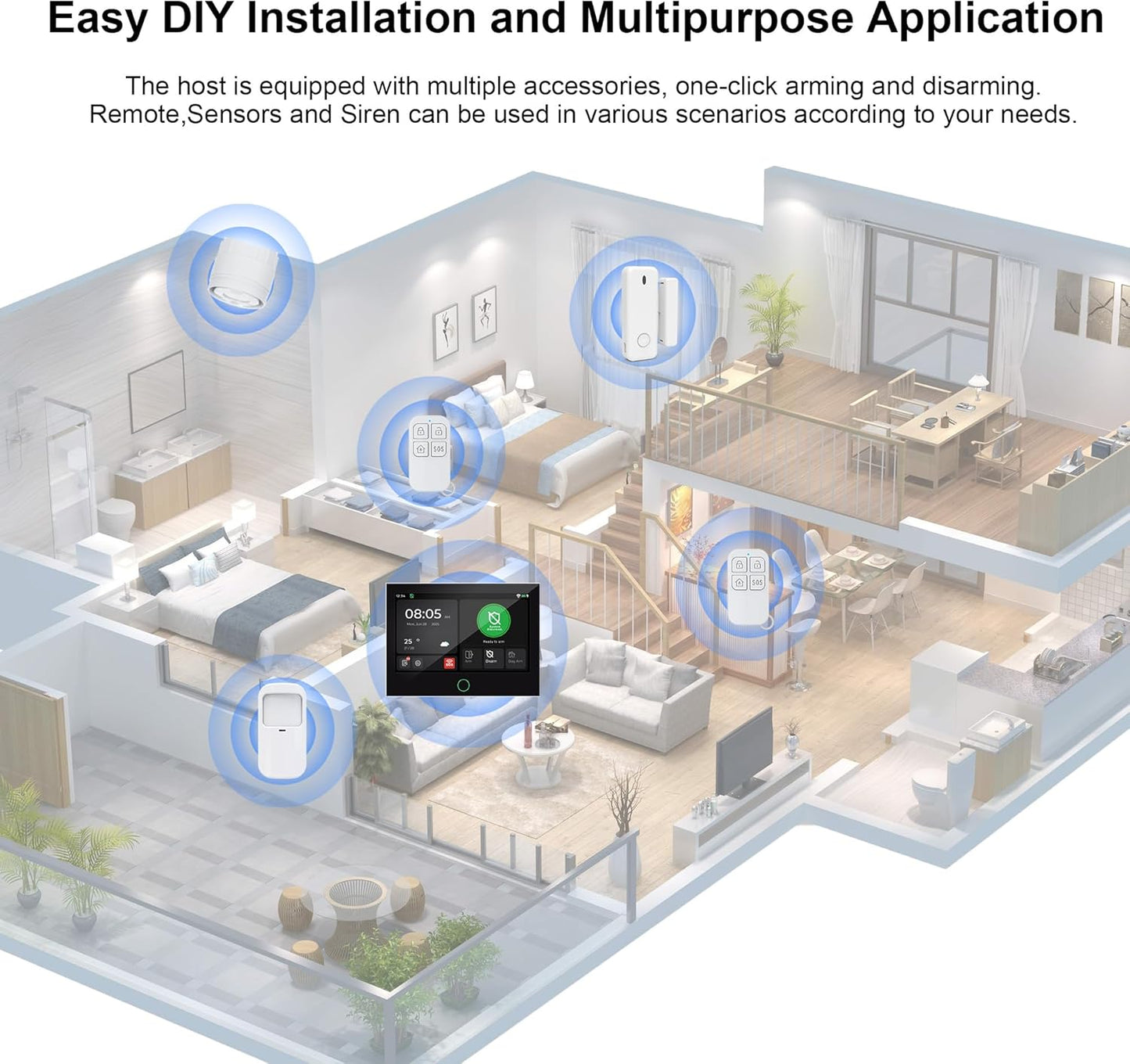 Alarmsysteem voor thuisbeveiliging (Gen 2) Stuk. DIY, touchscreen, bewegingsdetectie, contactsensoren, draadloze sirene, afstandsbedieningen, Smart Life Tuya-app, compatibel met Alexa & Google