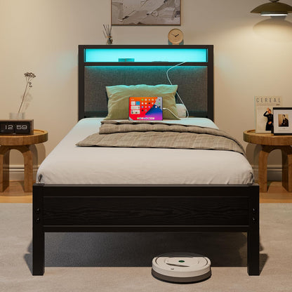 Bedframe met laadstation, robuust metaal, met opberghoofdeinde van houten stof, bijzetbed, kinderbed, eenpersoonsbed, metaal, met lattenframe, 90 x 200 cm,