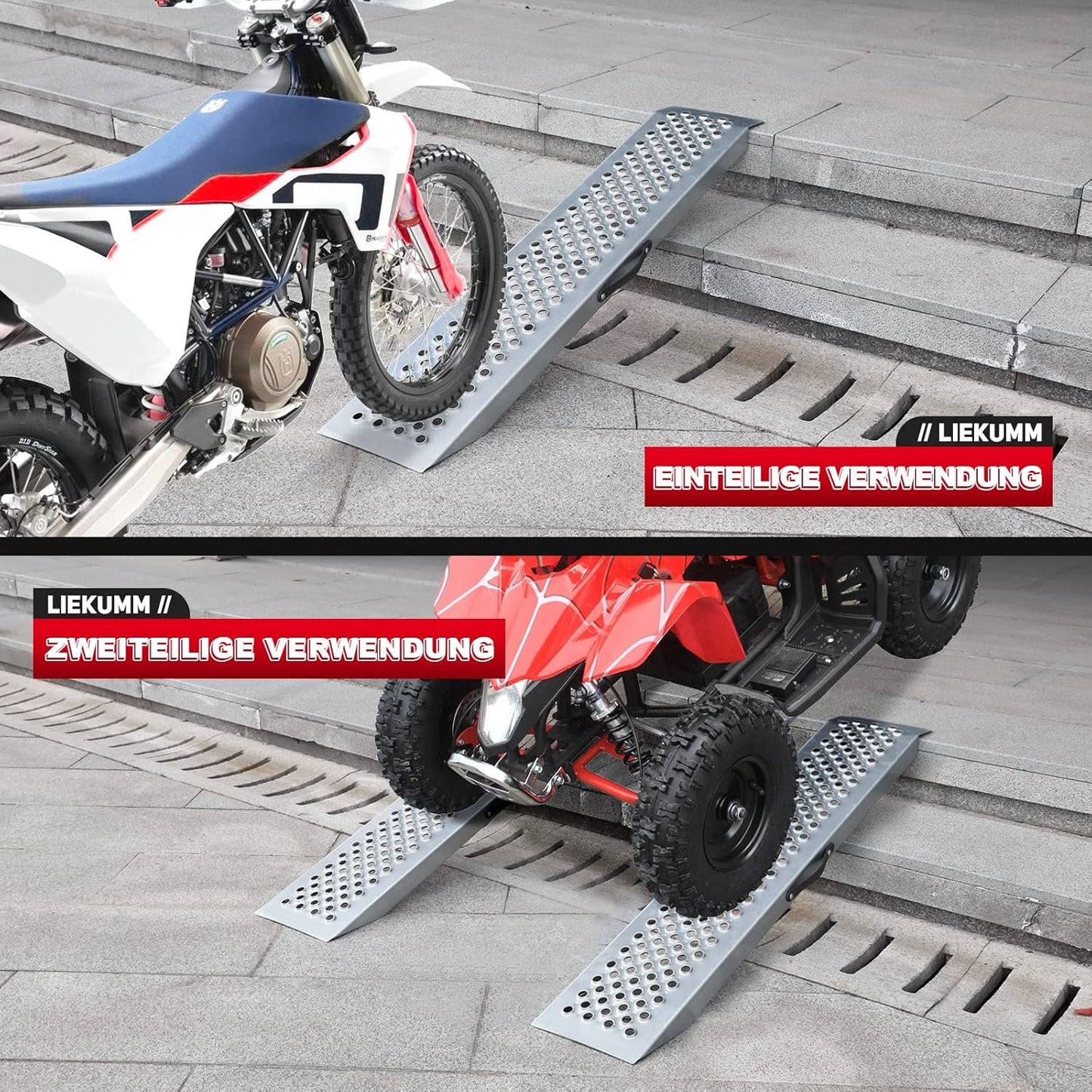 LIEKUMM Oprijplaten, 2 stuks, 120 x 23 cm, capaciteit 600 kg/PR capaciteit, laadbruggen voor motorfiets, ATV, vrachtwagen, quad, grasmaaier, sneeuwblazer, antislip, waterdicht, roestvrij, 2 stuks