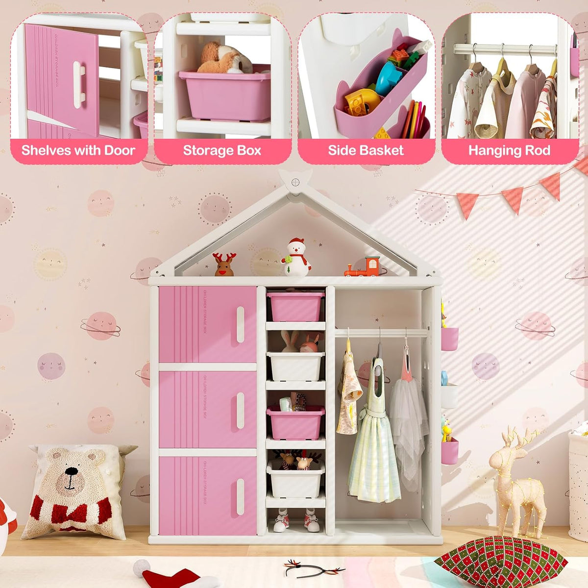 FANTASK Kinderrek in huisvorm, kindergarderobe met planken, zijmanden en 4 opbergdozen, kinderkledingkast voor kinderkamer (roze)