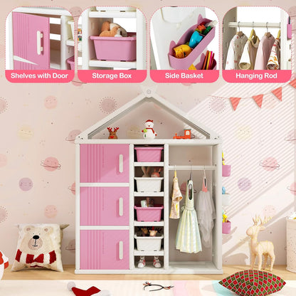 FANTASK Kinderrek in huisvorm, kindergarderobe met planken, zijmanden en 4 opbergdozen, kinderkledingkast voor kinderkamer (roze)