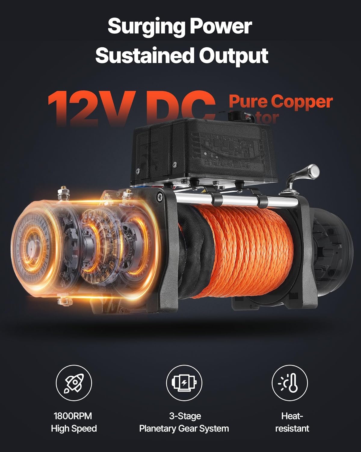 VEVOR 12 V kabellier, 6123 kg, motorlier, 12 V DC, elektrische lier met diameter 1 x 2438,4 cm, synthetische kabel, aluminium kabelgeleiding, draadloze/bekabelde afstandsbediening, IP55, voor het