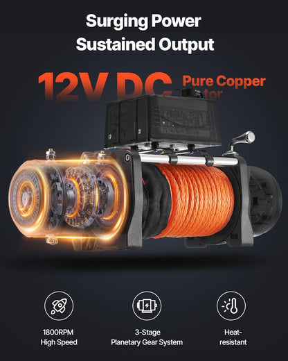 VEVOR 12 V kabellier, 6123 kg, motorlier, 12 V DC, elektrische lier met diameter 1 x 2438,4 cm, synthetische kabel, aluminium kabelgeleiding, draadloze/bekabelde afstandsbediening, IP55, voor het