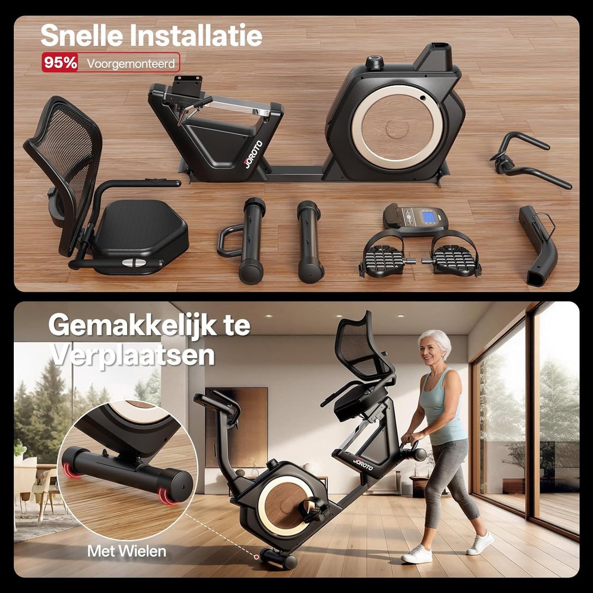 JOROTO JH50 Ligfiets voor Thuis, Bluetooth Ligergometer met App, Ligfiets met 16 Weerstandsniveaus, Verstelbaar Zitvlak & Rugleuning tot 182KG, LCD-scherm, Hartslagsensoren