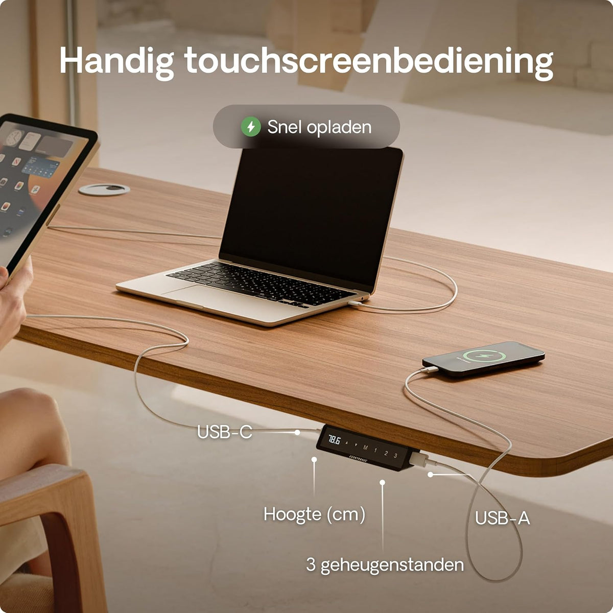 Desktronic Desk Sit-Stand - 160x80 cm - Height Adjustable Desk with USB/USB-C, 3 Memory Modes, Dual Motor and Touchscreen Control Electric Table for Comfort and Productivity. - QUORE