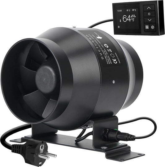 100 mm Verstelbare Inline Buiskanaalventilator, 275 m³/uur, Zwart, Ideaal voor Kweektenten, Ventilatie & Afvoer, Automatische Temperatuur & Vochtigheidsregeling