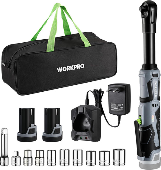 WORKPRO Elektrische Ratelsleutelset, 12 V Batterij Ratel met Verlengde Hals, 3/8 Inch, 55 Nm, Draadloze Ratel met 2 x 2.0 Ah Batterij, LED-verlichting, Inclusief 10 Sockets, Opbergtas, Lader