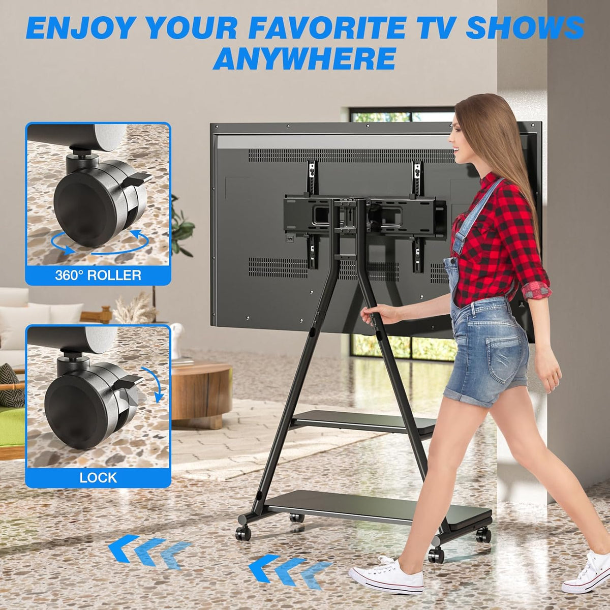 TVON Mobiele tv-standaard voor tv's van 43-80 inch tot 68 kg met planken (max. VESA 600 x 400 mm, in hoogte verstelbaar op wielen)