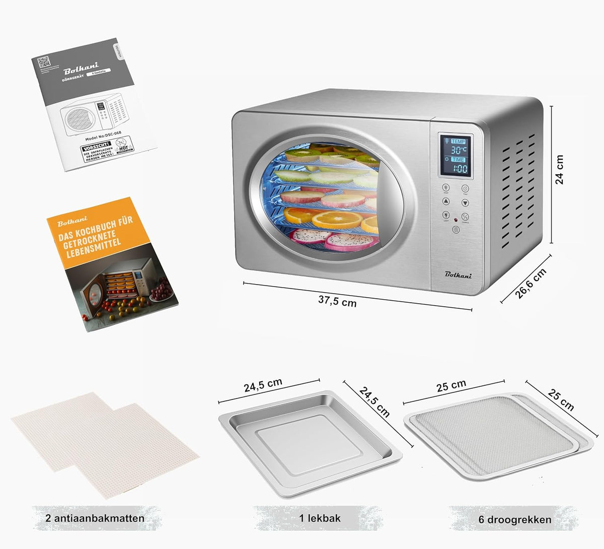 Voedseldroger van roestvrij staal, 6 tablets, 500 W, led-display, 30-90 °C, 24-uurs timer, stille werking, inclusief lekbak en droogmat voor fruit en vlees