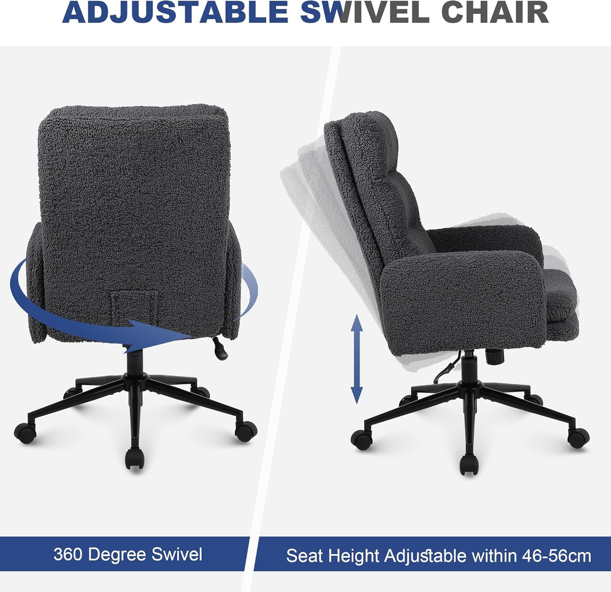 Youhauchair Bureaustoel met hoge rugleuning, bureaustoel van imitatiebont met verstelbare hoogte, comfortabele kaptafel van kasjmier, ergonomische bureaustoel voor thuis, donkergrijs