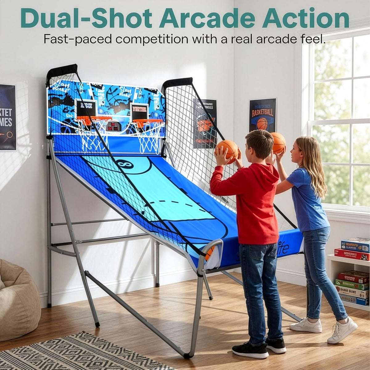 SereneLife Arcade Basketball Game Basketball Vending Machine- Heavy Folding Double Hoop with Electronic Scoreboard- Playtime Clock- Blue - QUORE