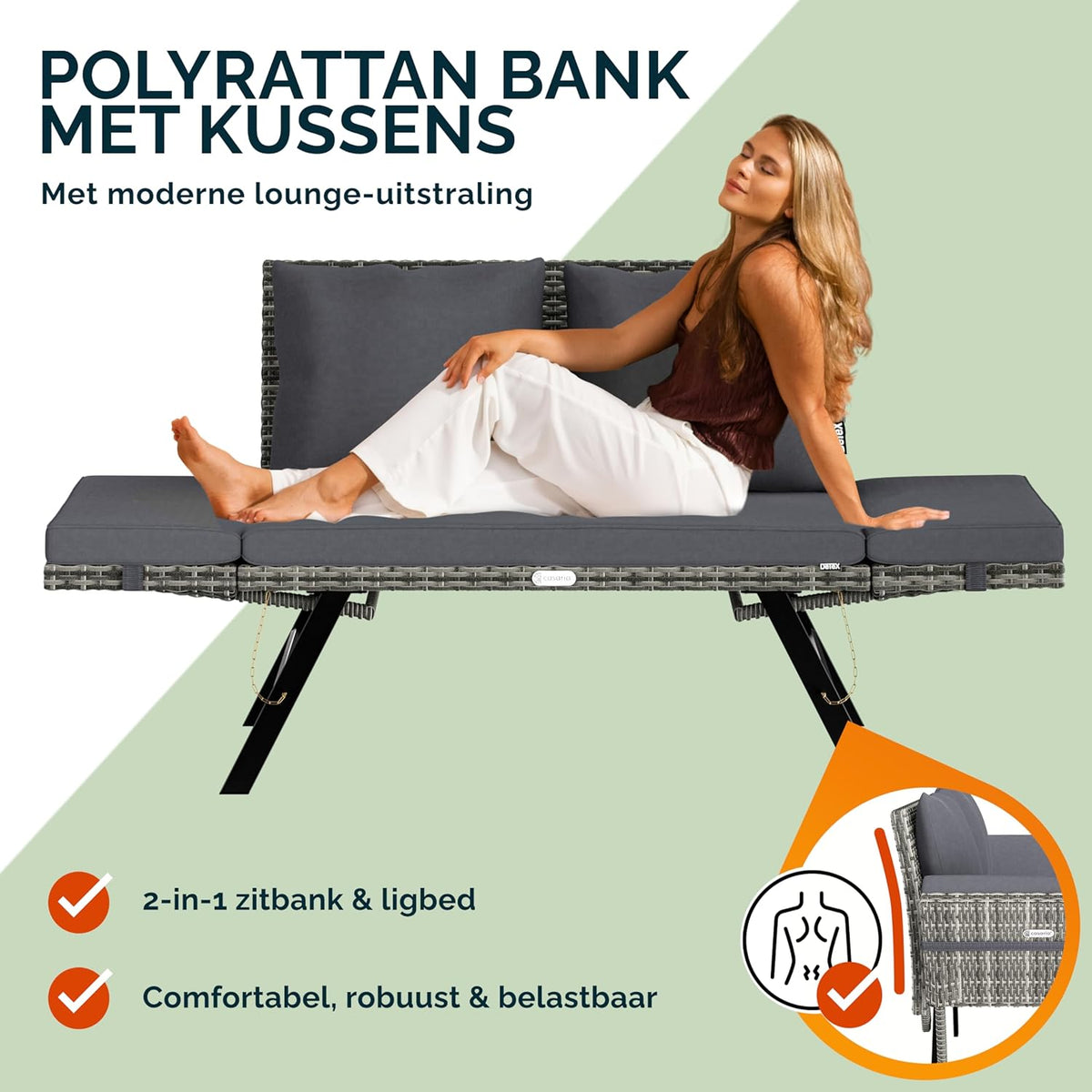 CASARIA® 2-in-1 Polyrattan Garden Bench & Lounger Incl. Cushions Adjustable Armrests Loungesofa Sun lounger Grey - QUORE