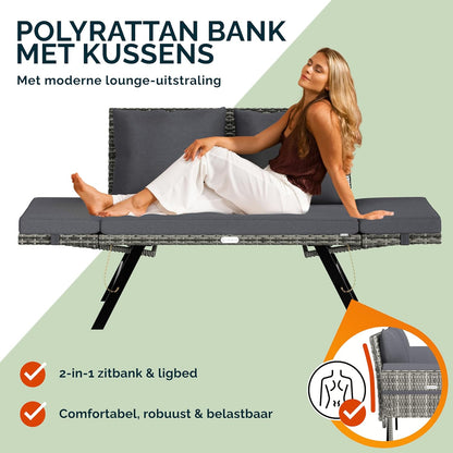 CASARIA® 2-in-1 Polyrattan Garden Bench & Lounger Incl. Cushions Adjustable Armrests Loungesofa Sun lounger Grey - QUORE