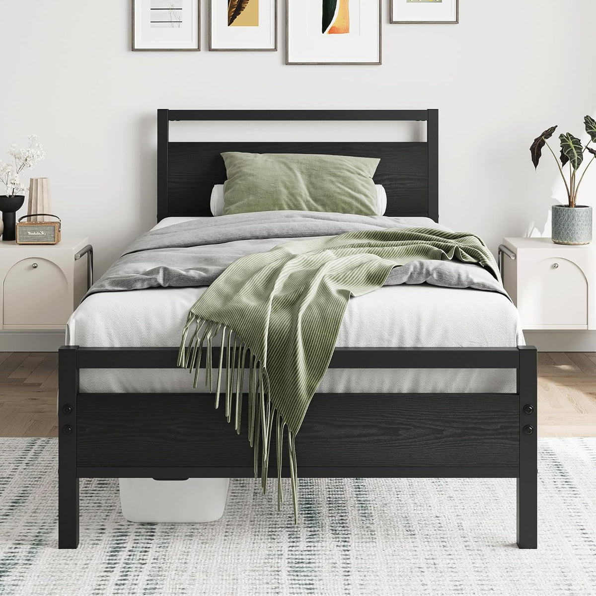 HOJINLINERO Bedframe 90 x 200 cm, bedframe van metaal, hout, eenpersoonsbed, metalen bed, 90 x 200 cm, met lattenbodem, logeerbed, tienerbed 90 x 200 cm met opbergruimte, opbergbed, bed frame, zwart