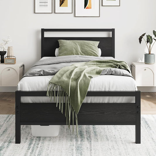 HOJINLINERO Bedframe 90 x 200 cm, bedframe van metaal, hout, eenpersoonsbed, metalen bed, 90 x 200 cm, met lattenbodem, logeerbed, tienerbed 90 x 200 cm met opbergruimte, opbergbed, bed frame, zwart