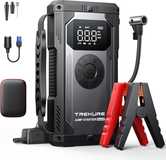 TREKURE 5500A Jump Starter Power Pack met 150PSI Luchtcompressor, 12V Draagbare Auto Accu Booster Jump Starter voor alle Benzine/10L Diesel, Auto Starter Powerbank met Startkabels, Noodverlichting
