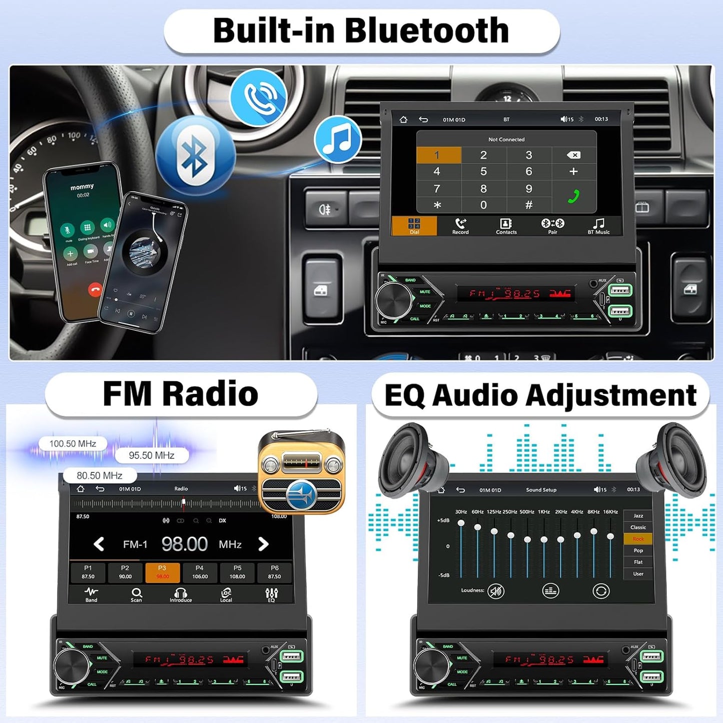 1 DIN Autoradio met draadloze Apple CarPlay & Android Auto, 7 inch motorisch uitklapbaar scherm, Bluetooth, DAB+, USB/Type-C/AUX/FM, spiegelbesturing, achteruitrijcamera + microfoon