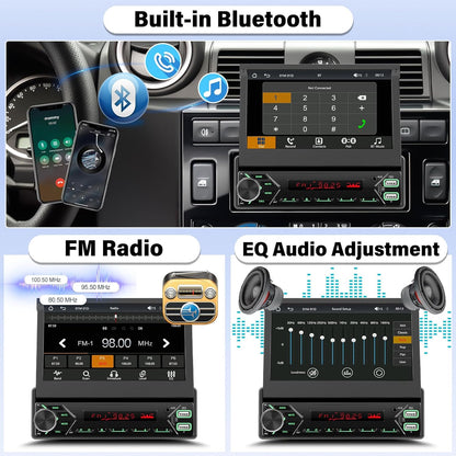 1 DIN Autoradio met draadloze Apple CarPlay & Android Auto, 7 inch motorisch uitklapbaar scherm, Bluetooth, DAB+, USB/Type-C/AUX/FM, spiegelbesturing, achteruitrijcamera + microfoon