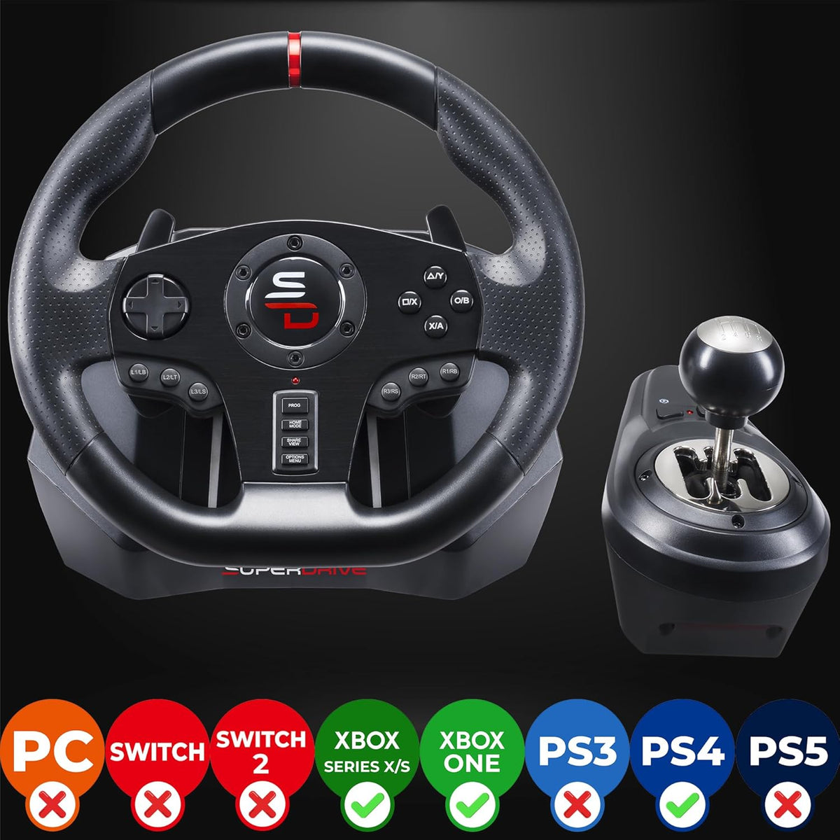 Racestuur – Racing Stuur – Game Stuur – Sim Racing Stuur – Handmatig 5 Versnellingen – 3 Pedalen met Peddelshifters – 270° Rotatie – Programmeerbaar Voor Xbox PS PC