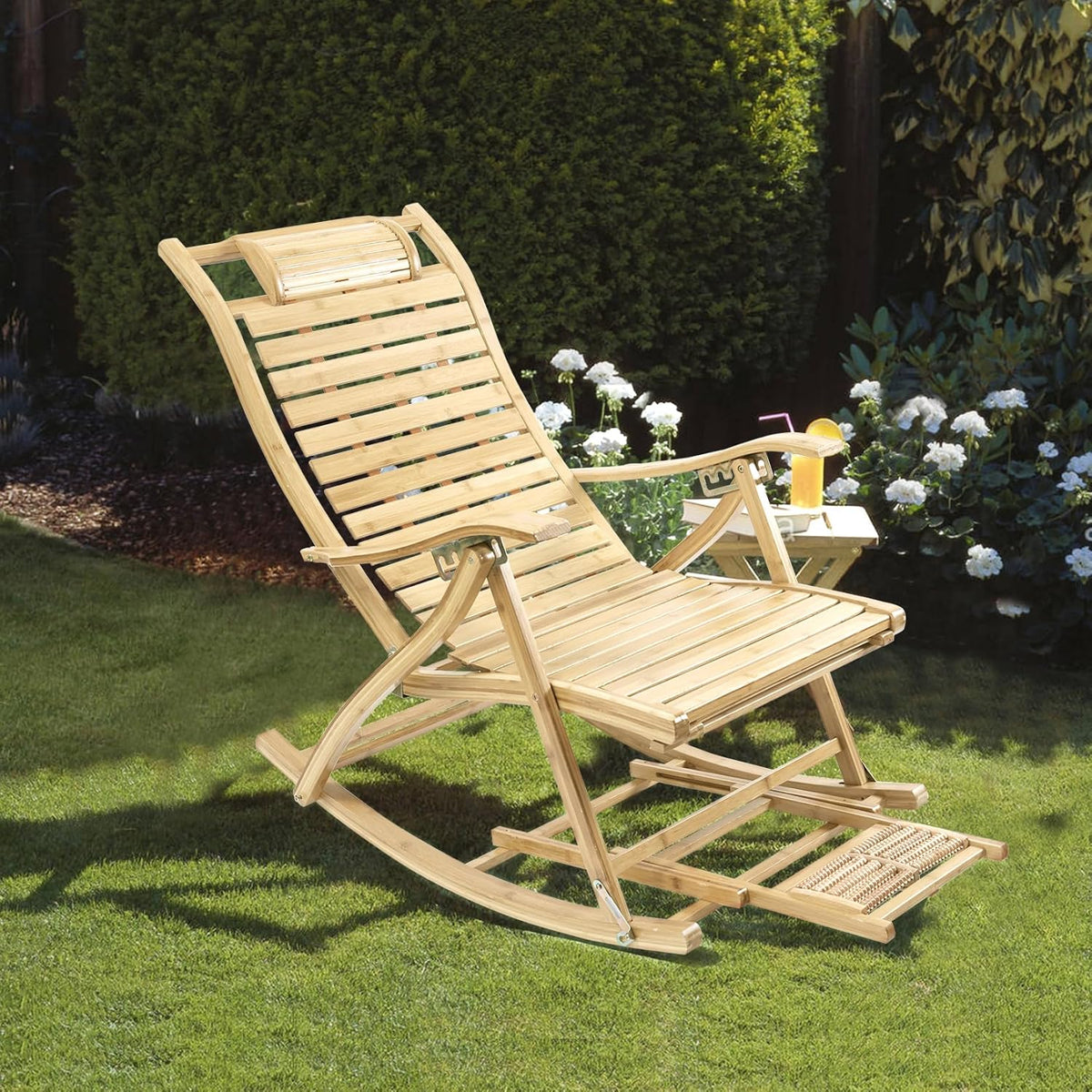 FATIVO Klapstoel, schommelstoel, bamboe, verstelbaar, 5 niveaus, schommelstoel met balkon, tuin, met massage, voetensteun, armleuning en kussen, maximale belasting van 150 kg