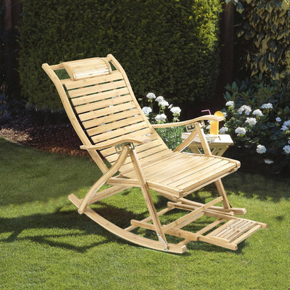 FATIVO Klapstoel, schommelstoel, bamboe, verstelbaar, 5 niveaus, schommelstoel met balkon, tuin, met massage, voetensteun, armleuning en kussen, maximale belasting van 150 kg