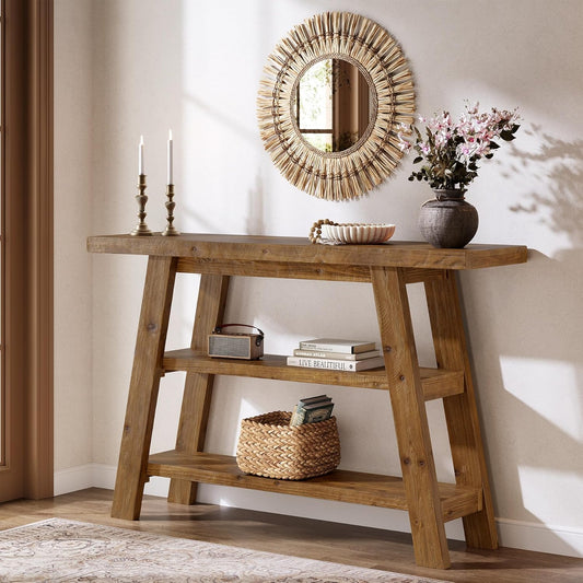 Solid Wood Console Table, 120 cm Long Country Entrance Table with 3-Stage Shelves, Rectangular Sofa Tables Behind Sofa, Narrow Accent Tables for Hallway, Entrance, Foyer, Living Room (Brown)
