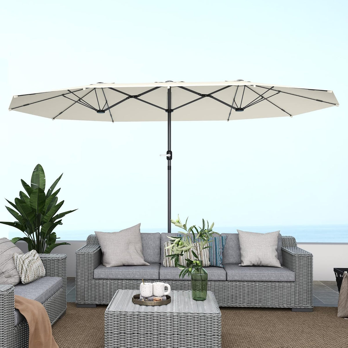 Outsunny Double Umbrella, 437 x 260 cm, UV Protection, Steel Parasol with Hand Crank, Oval Balcony Screen, Beach Screen, Windproof, Stable Market Umbrella, Crank Umbrella for Beach, Balcony,