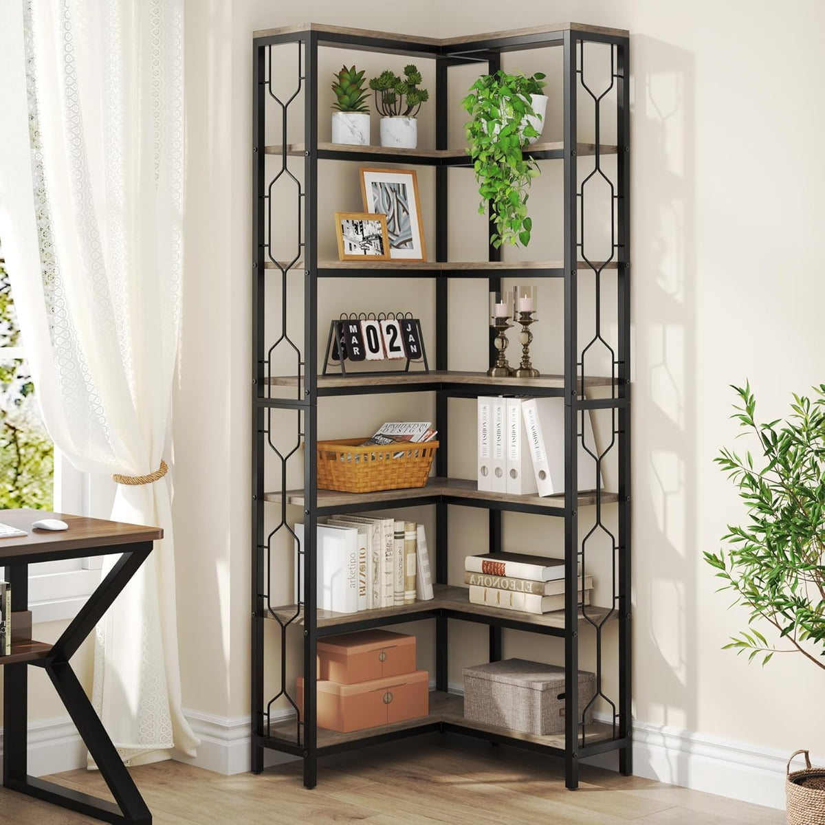 Tribesigns Corner Bookshelf, 7 Tier Industrial Corner Bookcase, Wooden and Metal Corner Shelf, Freestanding Display Shelf for Living Room, Kitchen, Home Office (Grey)