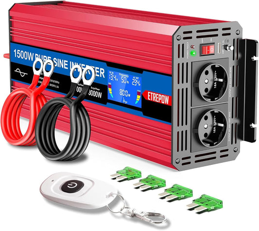 1500w/3000W Omvormer Zuivere Sinus Spanningsomvormer 12v 230v Stroomomvormers met 2 EU-stopcontact en 1 USB-poort, Draadloze Afstandsbediening, LCD-Scherm