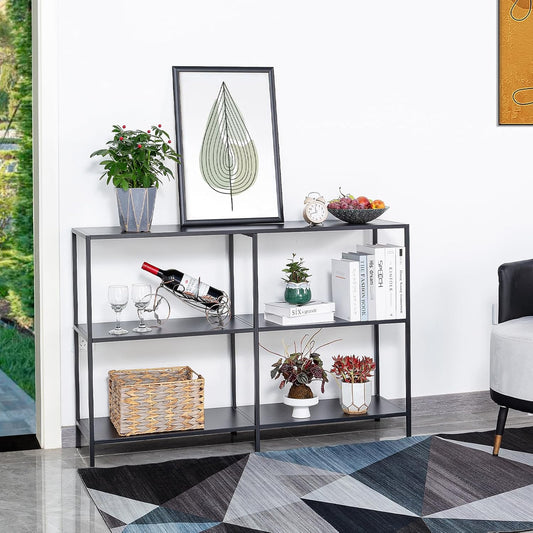 HDANI Metalen consoletafel van 120 cm met 3 niveaus, smalle ingangstafel, moderne sofatafels voor entree, woonkamer, slaapkamer, zwart