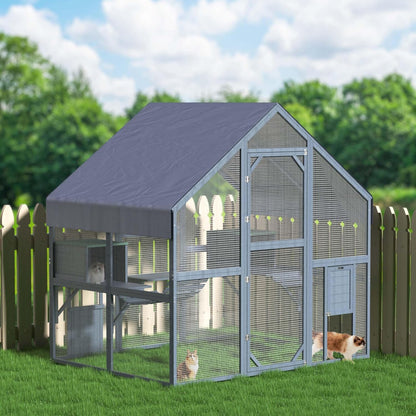 Wiltec kattenren 140 x 187 x 187 cm, buitenverblijf voor katten, speelkooi van dennenhout, kattenkooi voor speelruimte voor katten en huisdieren, kattenvolière met waterdicht dak