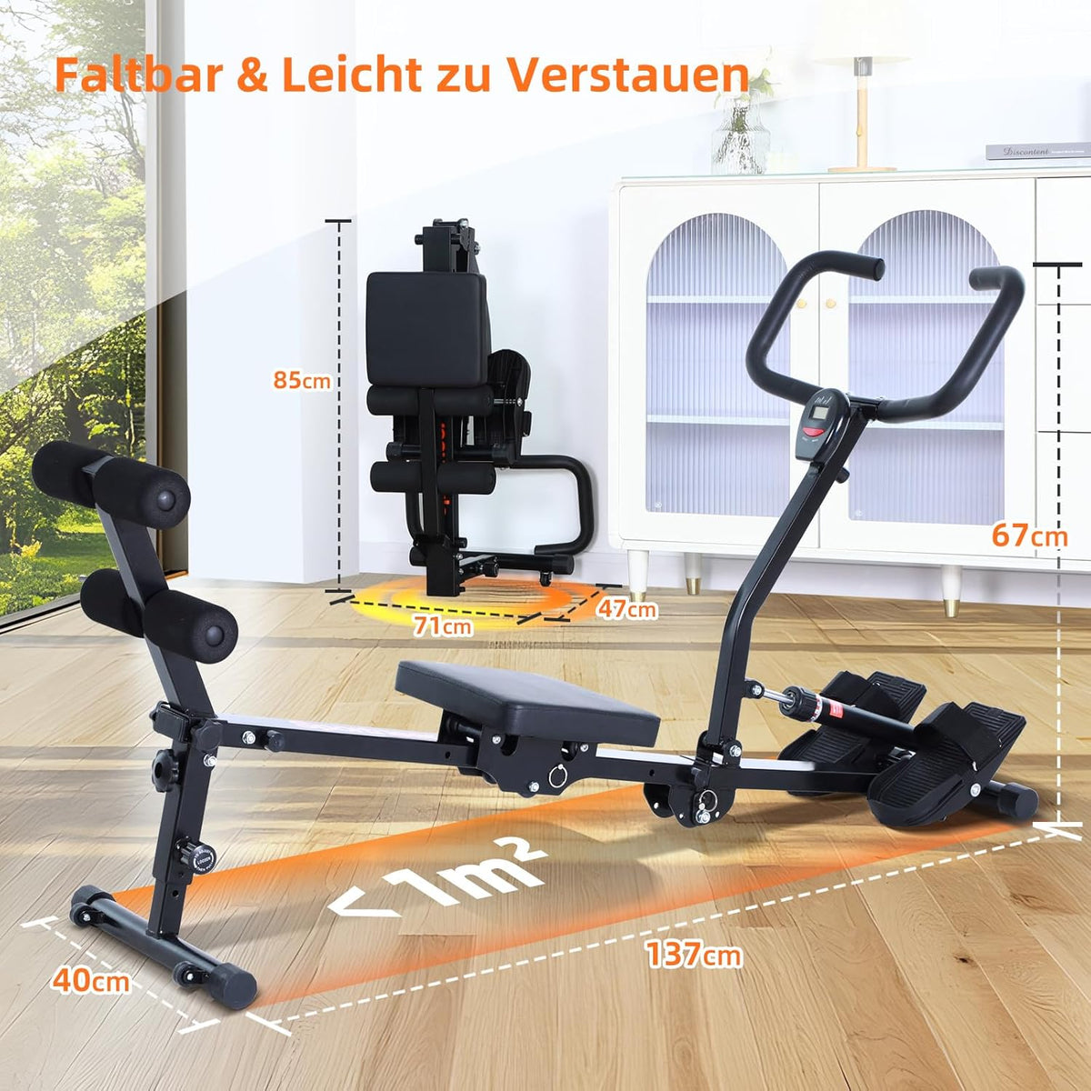 Rowing Machine for Home, Sportneer Hydraulic Rowing Machine Foldable with 12 Resistance Levels, Fitness Device for Home, Abdominal Trainer with U-Handle & Backrest, Maximum Load 135 kg - QUORE