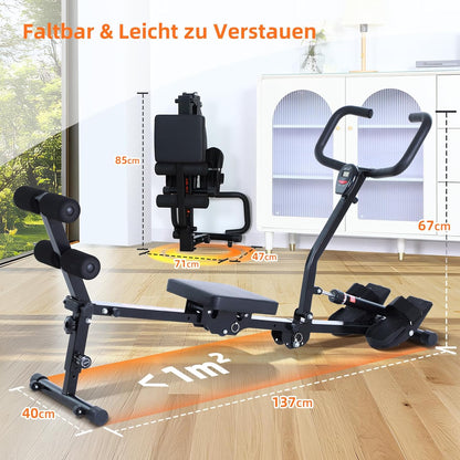 Rowing Machine for Home, Sportneer Hydraulic Rowing Machine Foldable with 12 Resistance Levels, Fitness Device for Home, Abdominal Trainer with U-Handle & Backrest, Maximum Load 135 kg - QUORE