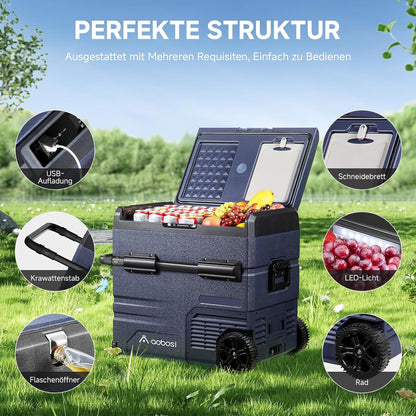AAOBOSI Compressorkoelbox, 55 liter, koelbox auto met accu, app, led-touch, tot -20 °C, autokoelbox, 12 V, 230 V, voor camping, vrachtwagen, boot, camper, dubbele zone onafhankelijke controle