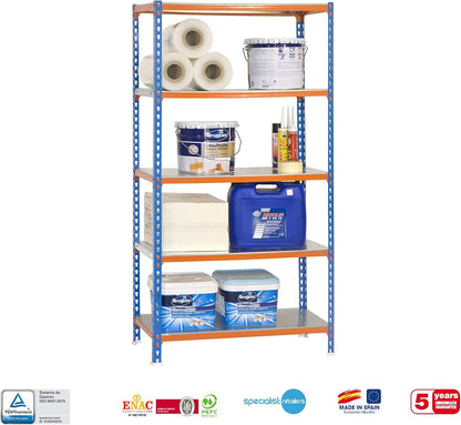 Simon Rack Stellingkast Metaal, 2000x1100x400 mm, Buigpunt 200, 5 Verstelbare Niveaus, Metalen Planken, Robuust Opslagrek voor Garage, Kelder en Werkplaats, Blauw/Oranje/Gegalvaniseerd – SimonClick