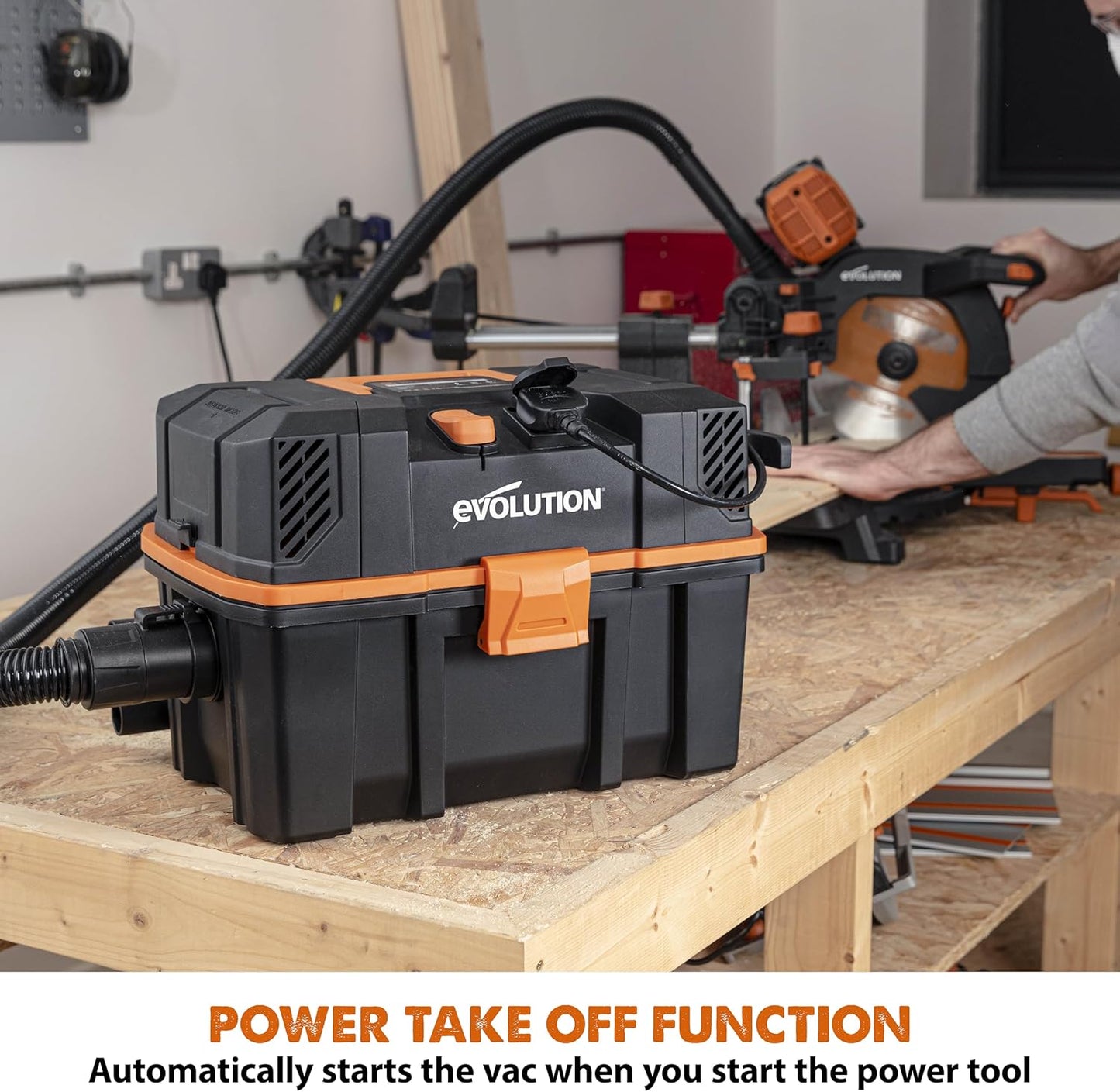 Evolution Power Tools R15VAC Stofzuiger Nat en Droog Vac, Draagbaar en Lichtgewicht Ideale Stofafzuiger voor Zaagsel in Werkplaatsen, Met Power Take-Off, Bedraad, Oranje