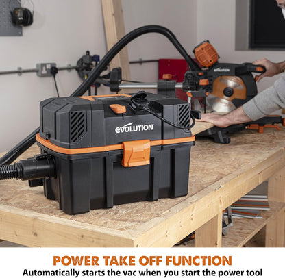 Evolution Power Tools R15VAC Stofzuiger Nat en Droog Vac, Draagbaar en Lichtgewicht Ideale Stofafzuiger voor Zaagsel in Werkplaatsen, Met Power Take-Off, Bedraad, Oranje