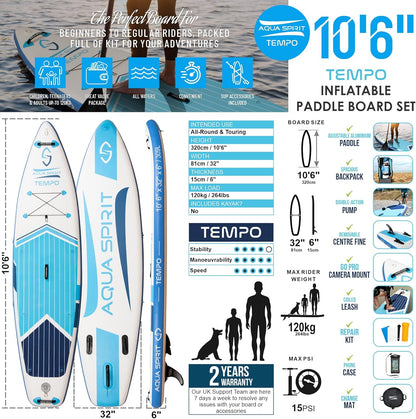 AQUA SPIRIT Opblaasbaar Stand up Peddelbord SUP Tempo 320x81x15cm Complete Verpakking Volwassenen Beginners/Experts Paddle Board Max 120KG met Aluminium Peddel, 2 Jaar Garantie
