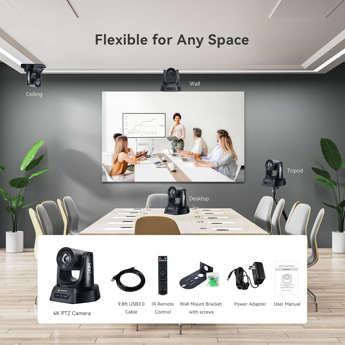 TONGVEO 4K NDI PTZ camera met KI-auto-tracking 20-voudige optische zoom HDMI IP live streaming SDI USB3.0 PoE LAN ondersteuning voor godsdiensten, devocaties vorming, videoconferenties met OBS VMix