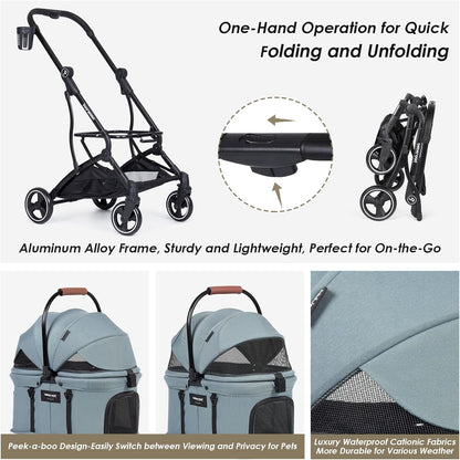 T3 Huisdierwagen, 3-in-1 hond en kat, kinderwagen voor kleine middelgrote honden en katten, opvouwbare lichte puppywagen, huisdiergear, reizen, hondenwagen (groen)