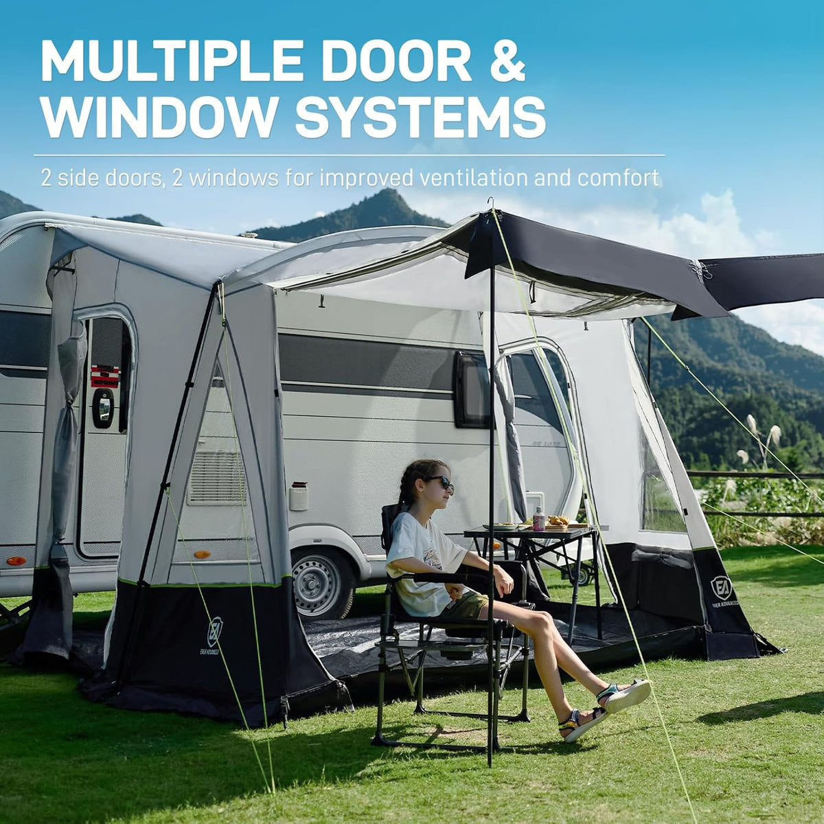 EVER ADVANCED voortent caravan 350x260x245cm voor camper met 2 ramen zijdeur, grotere deur dan dak, reisvoortent PU 3000mm waterdicht geschikt voor reizen, familie samen, kamperen