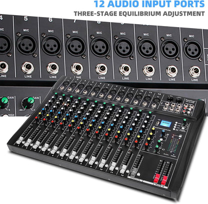 12-Kanaals Audiomixer – Mengpaneel – DJ-Mixer – Mengtafel – Muziekmixer – Bluetooth Draadloos Streamen – +48V Fantoomvoeding