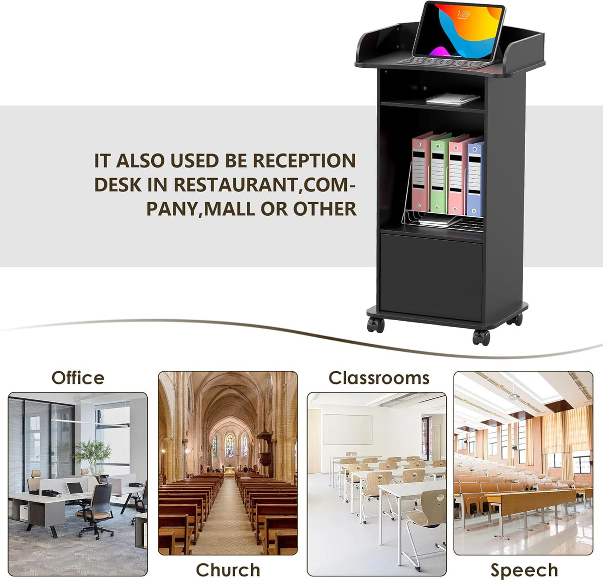 tonchean Lessenaar Podium Stand op Wielen Houten Preekstoelen Staand Bureau Podium Stand Spraak Bureau Host Podium met Opslag Plank voor Kerk Conferentie Auditorium Seminar School Kantoormeubilair